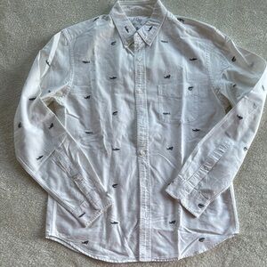 J Crew White Casual Button Down Shirt with Shark embroidered design